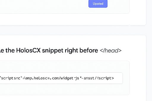 Figma-style mockup showing HolosCX snippet pasted before </head>
